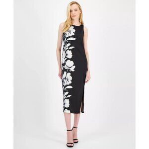 Anne Klein Women's Sleeveless Flowy White Floral Black Midi Dress NWT